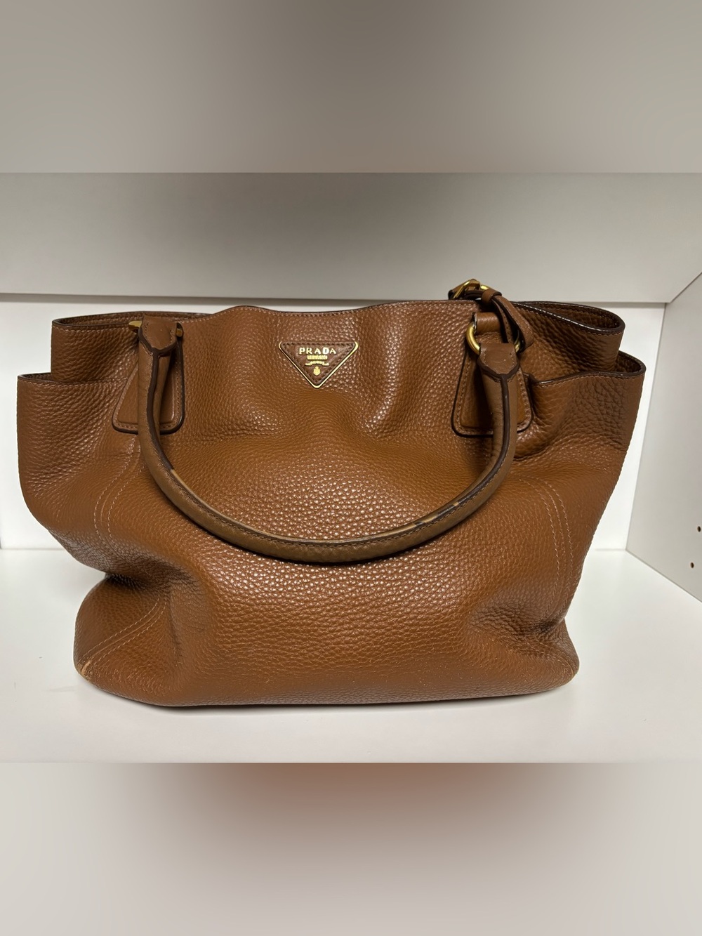 Prada Side Pocket Tote Vitello Daino Medium Cognac
